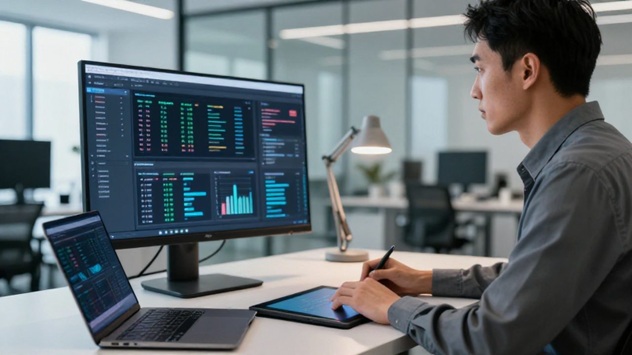 Ingeniero de software concentrado trabajando frente a un monitor con visualizaciones de datos en una oficina tecnológica moderna y organizada.