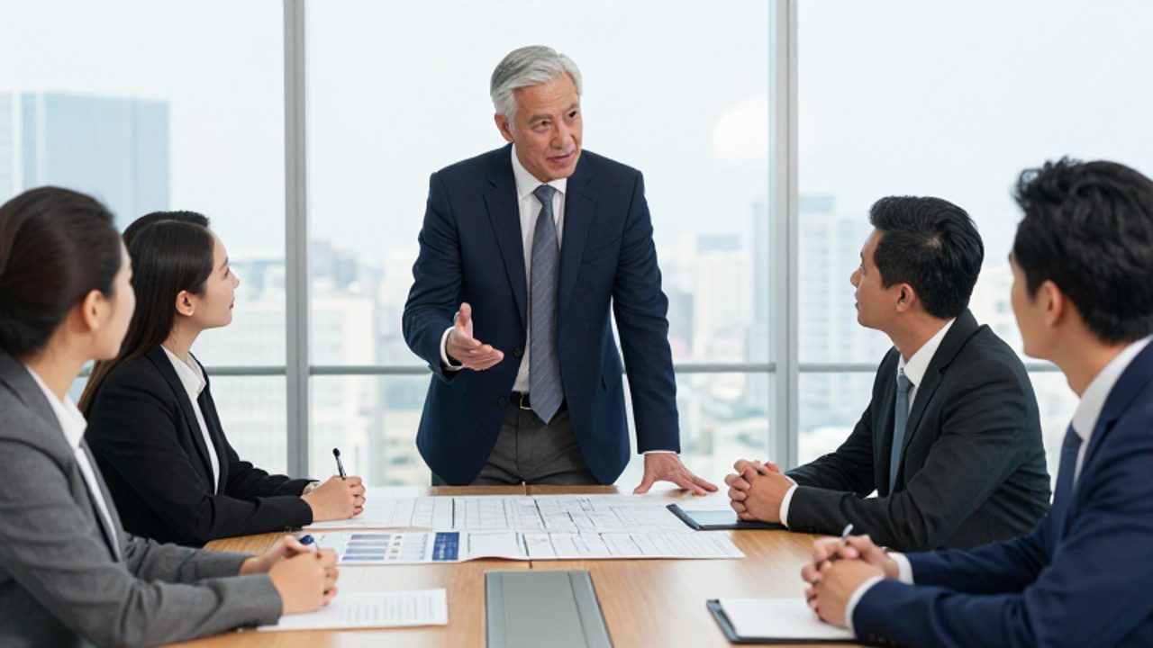 Un directivo lidera una discusión estratégica con su equipo de trabajo alrededor de una mesa en una sala de juntas moderna.