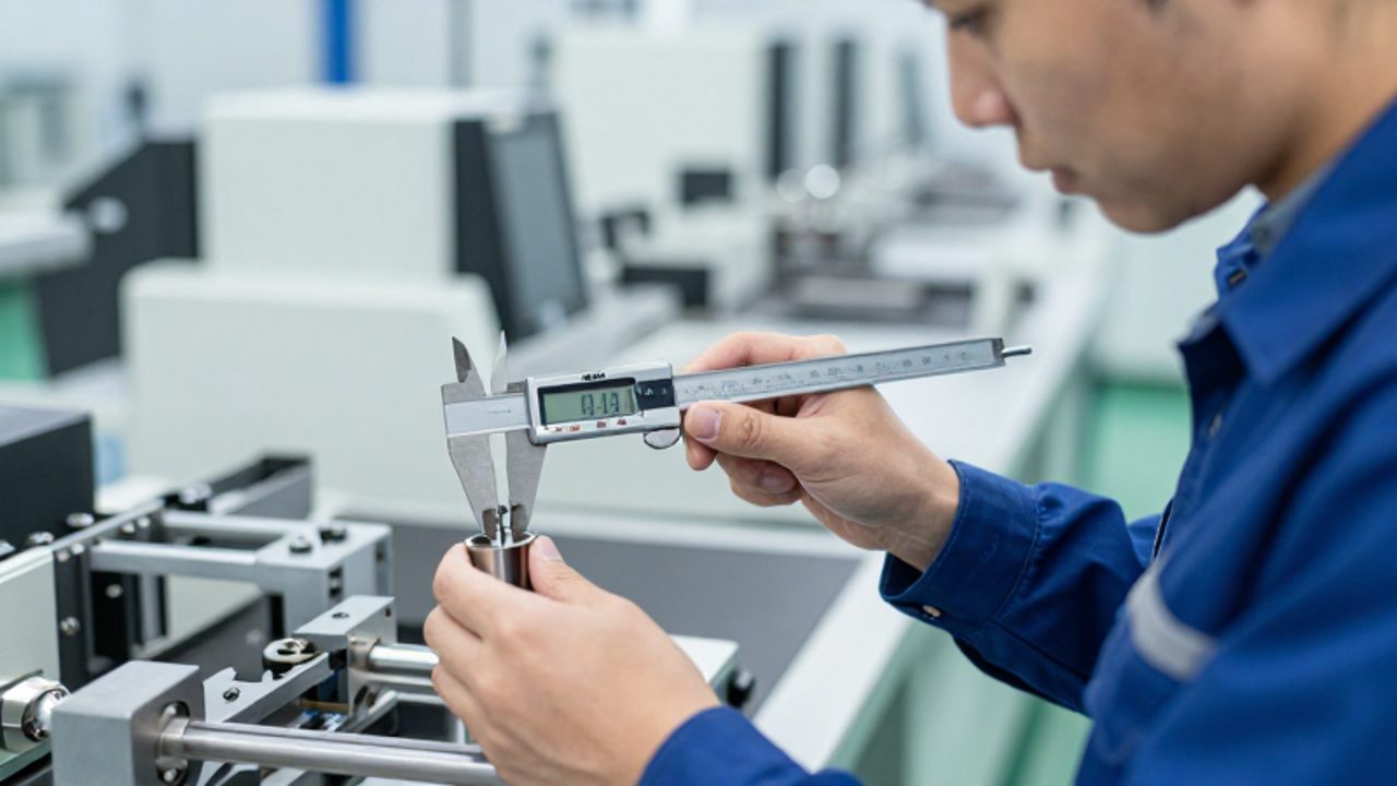 Un responsable de control de calidad inspecciona una pieza de precisión con un calibre digital en una línea de producción automatizada.