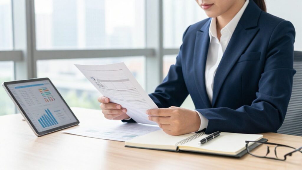 Un gestor de calidad estudia con atención un manual técnico y gráficos de datos en su escritorio de una oficina moderna.