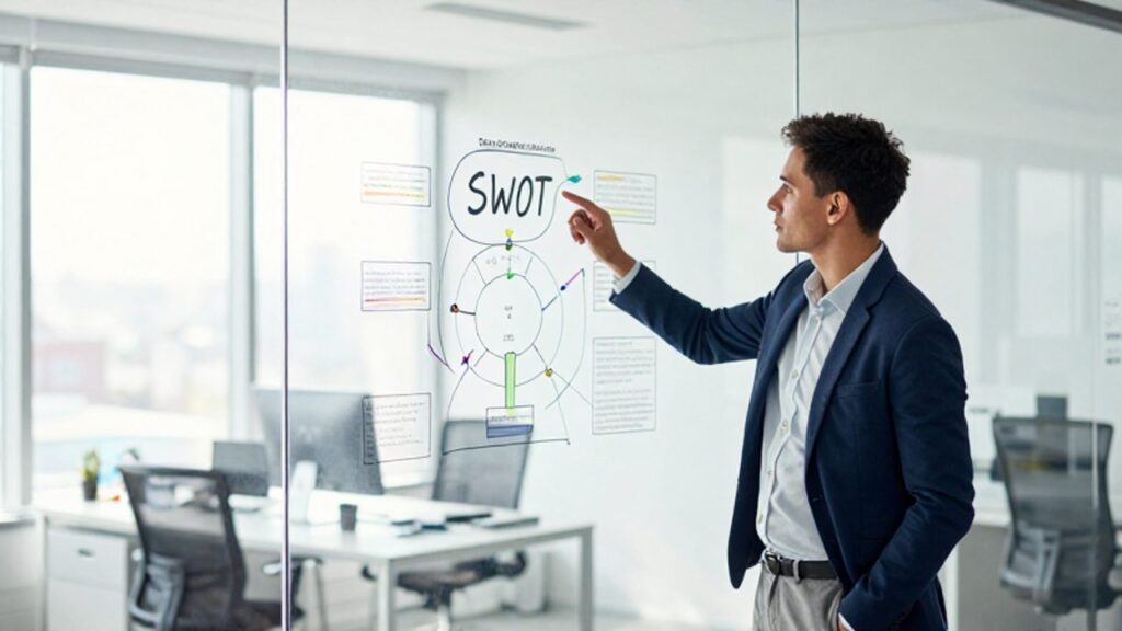 Analista de negocios señalando un diagrama de análisis FODA trazado sobre una pared de cristal en una oficina moderna.