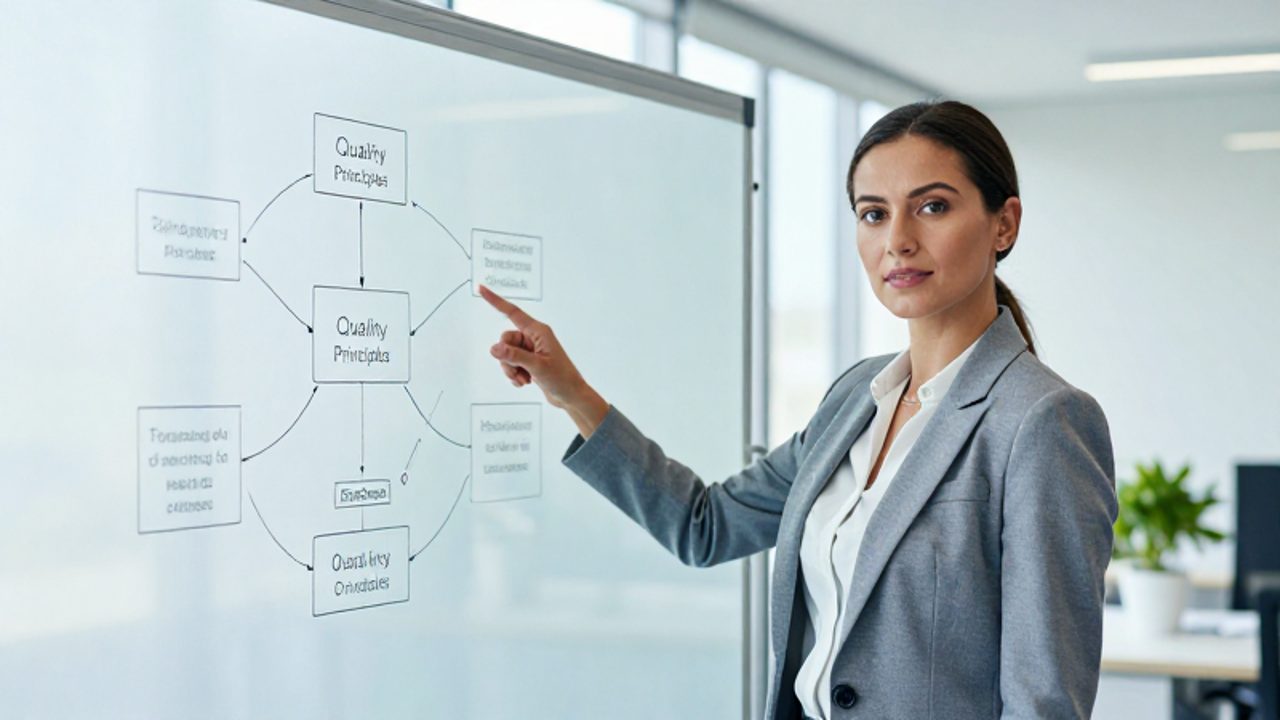 Una gestora de calidad señala un diagrama de flujo sobre una pizarra de cristal en una oficina moderna.
