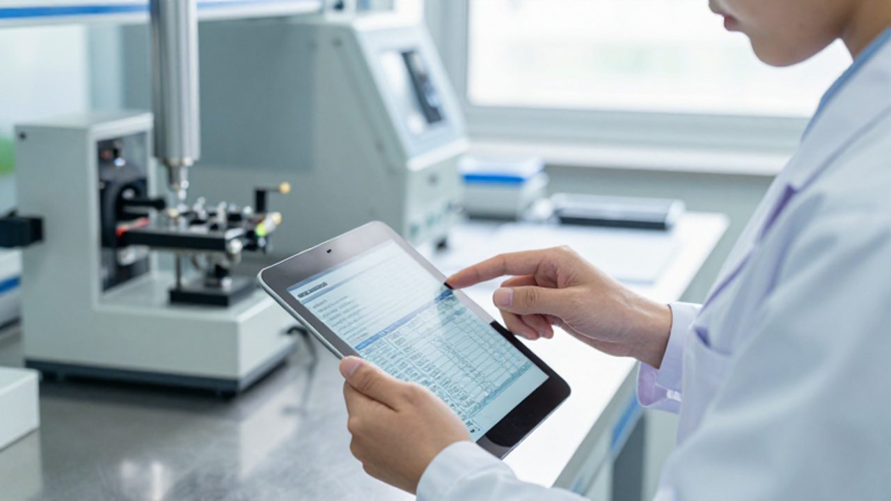 Especialista en control de calidad revisa un informe digital en una tableta mientras realiza una medición física en un componente dentro de un laboratorio industrial.