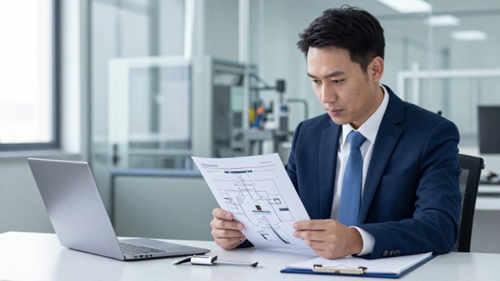 Gestor de calidad analizando un informe técnico y un diagrama de Ishikawa en un entorno de oficina industrial.