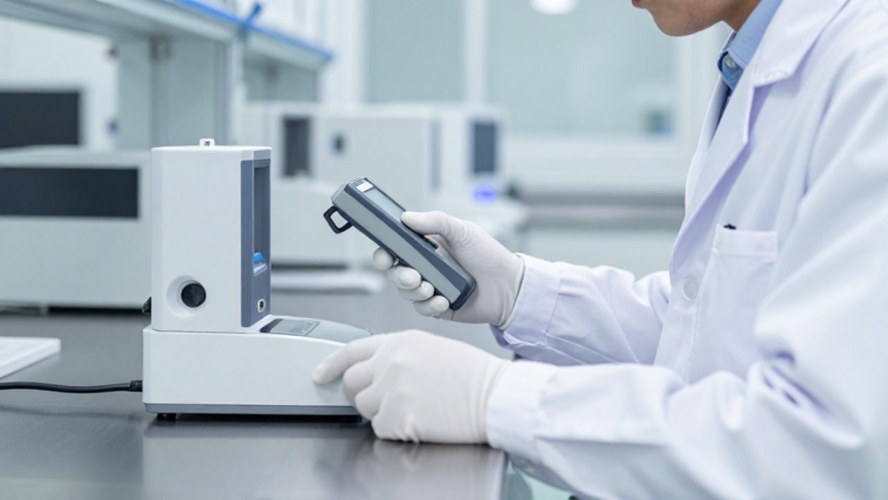 Un ingeniero con bata blanca inspecciona la precisión de un sensor de medición en un laboratorio tecnológico de alta precisión.