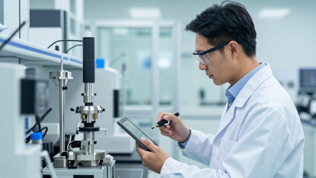 Ingeniero de control de calidad inspecciona un sensor ambiental de precisión utilizando una tableta digital en un laboratorio tecnológico.