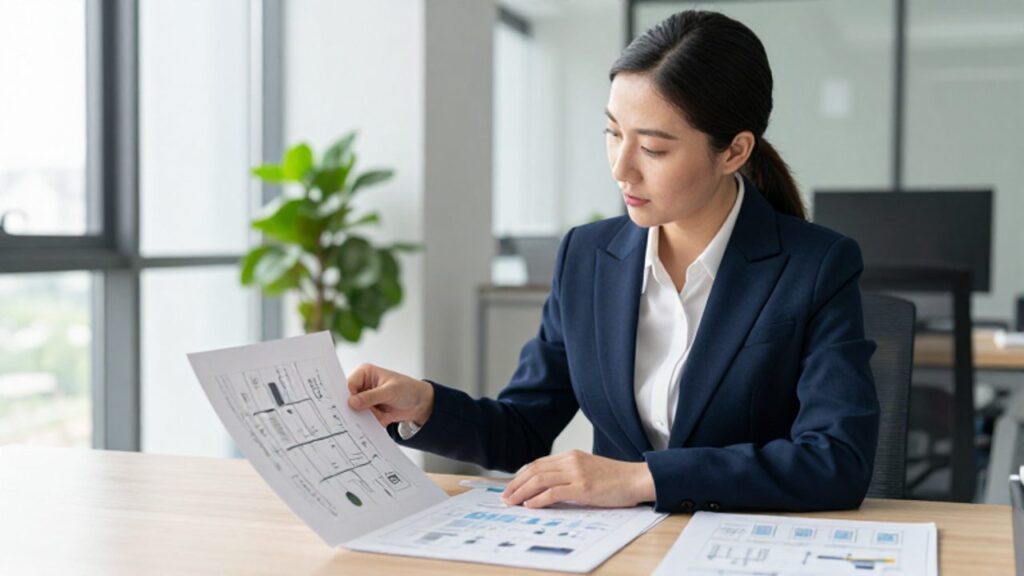 Una gestora de calidad analiza con atención diagramas de procesos y documentación técnica sobre su escritorio en una oficina moderna.