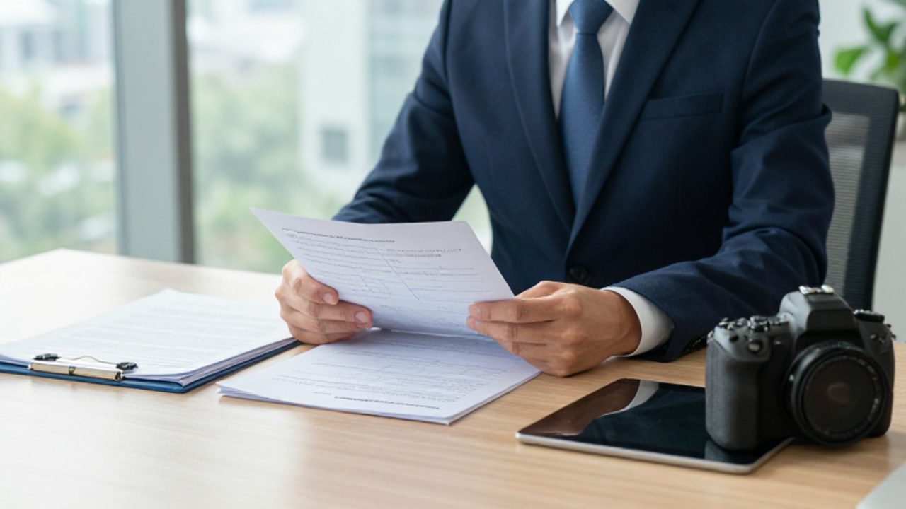 Auditor revisa documentos de gestión de calidad y una tableta sobre un escritorio en una oficina moderna.