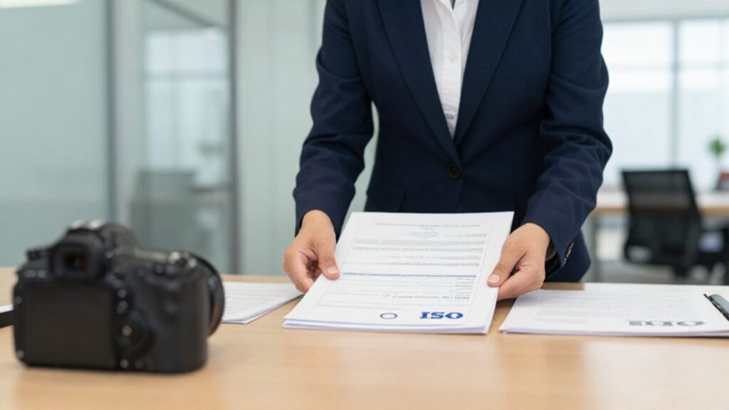 Un auditor revisa documentos técnicos y una carpeta de certificación ISO sobre una mesa de conferencias en una oficina moderna.