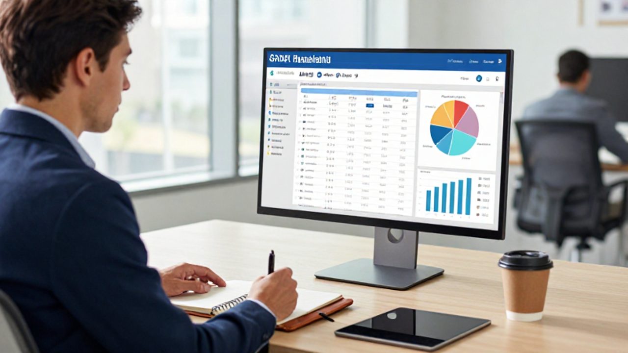 Un gestor de calidad trabaja en una oficina moderna frente a un monitor con gráficos de indicadores, tomando notas en una agenda para planificar objetivos.