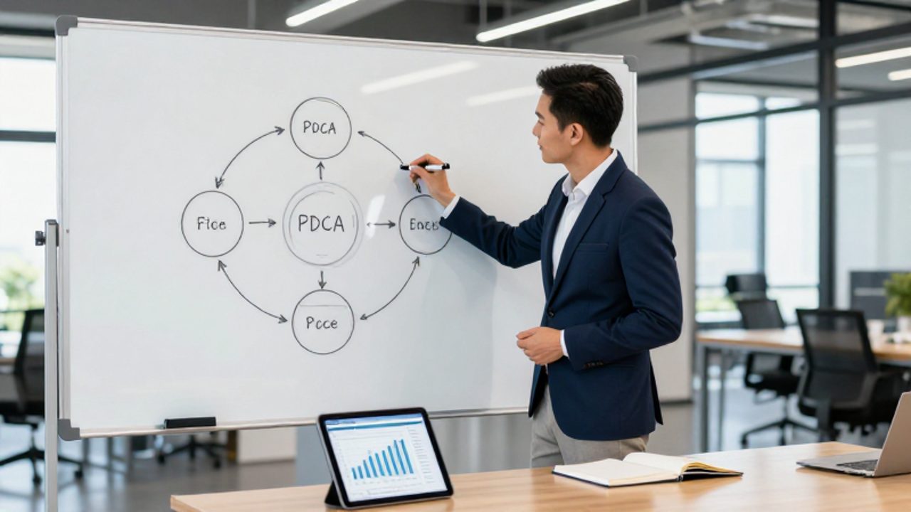 Especialista en control de calidad analiza un diagrama de flujo sobre una pizarra blanca en una oficina moderna para diseñar una estrategia de mejora de procesos.