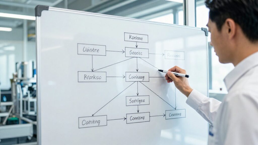 Especialista en control de calidad analiza un diagrama de Ishikawa en una oficina industrial para identificar la causa raíz de un proceso.