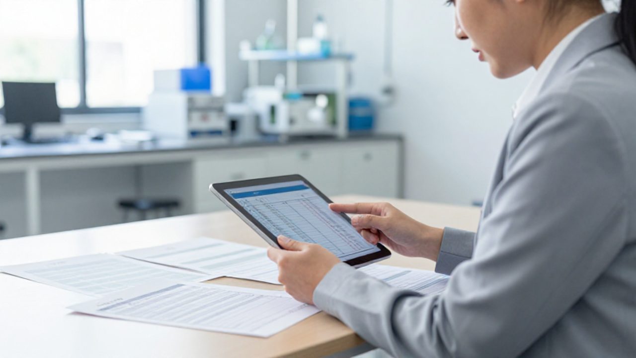 Un auditor revisa documentos y datos en una tableta digital sobre un escritorio en una oficina industrial moderna.