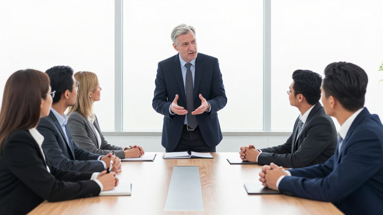 Un directivo lidera una discusión inspiradora con su equipo de trabajo en una luminosa sala de juntas moderna.