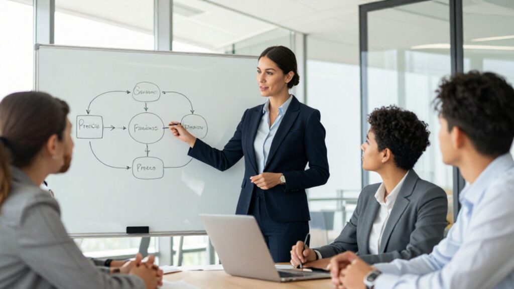 Una gerente lidera una sesión de capacitación sobre procesos ante un grupo de empleados en una oficina moderna.