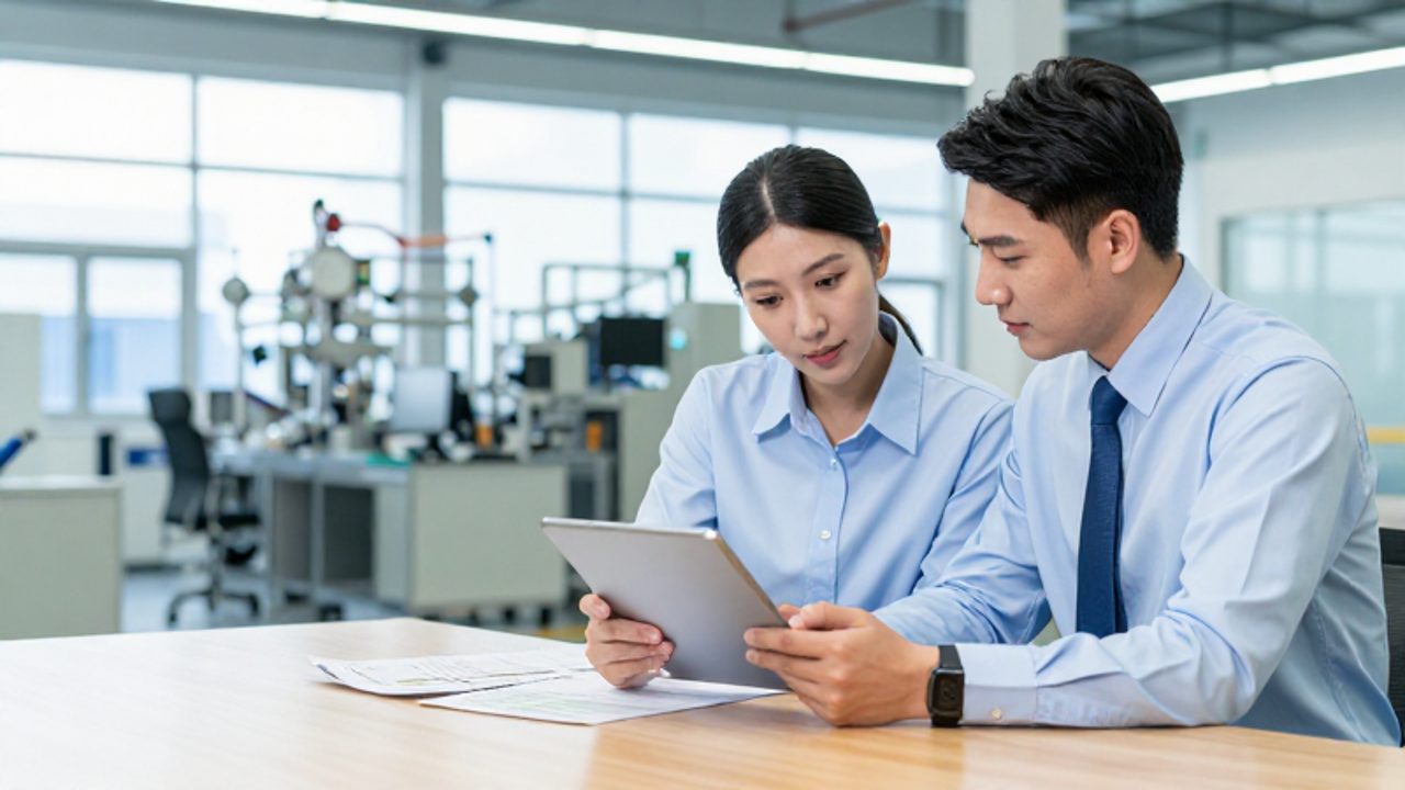 Una ingeniera y un supervisor revisan documentos técnicos y tablas de competencias en una oficina industrial moderna con vistas a una planta de producción.