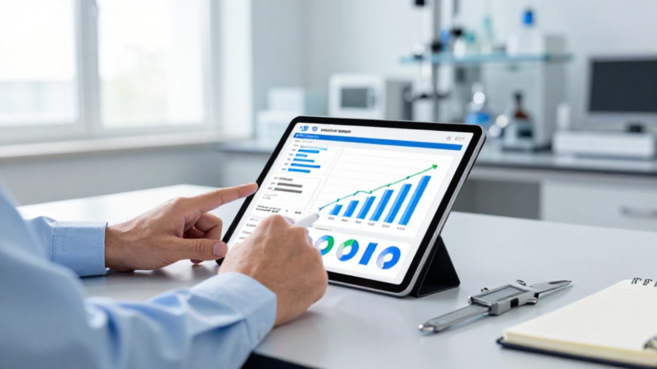 Manos de un profesional analizando gráficos de métricas de rendimiento en una tableta digital junto a herramientas de medición en un escritorio de oficina.