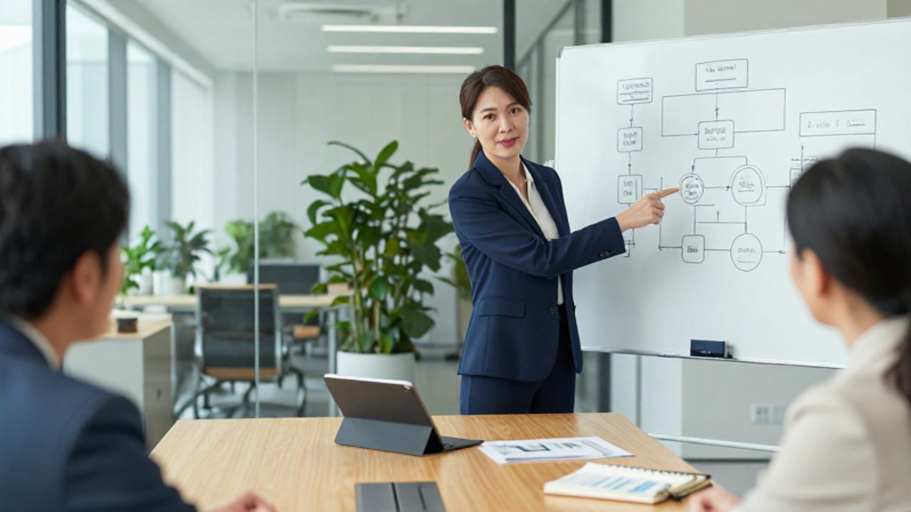 Una gerente de calidad lidera una reunión de equipo frente a una pizarra con diagramas de procesos en una oficina moderna.