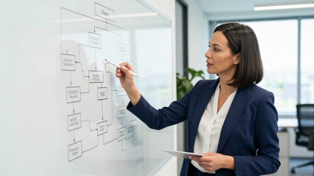 Una gerente de calidad analiza un diagrama de procesos en una pizarra dentro de una oficina moderna y luminosa.