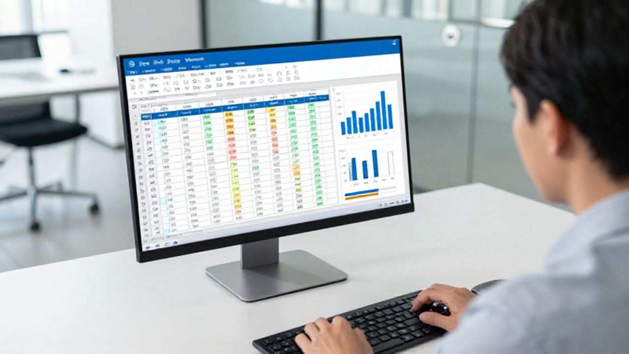 Gestor de calidad analizando una matriz de riesgos y gráficos de datos en una hoja de cálculo de Excel en su oficina.