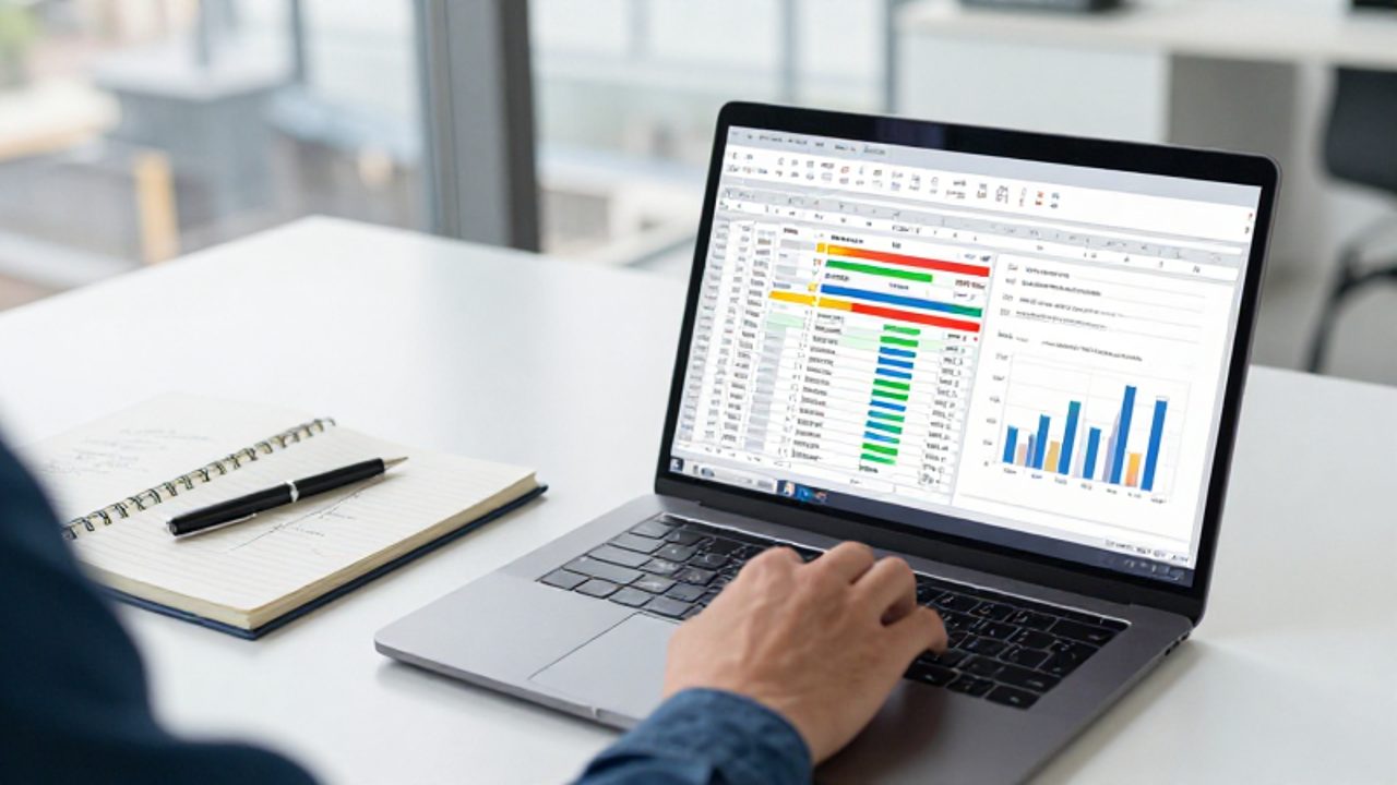 Persona trabajando en un escritorio con un portátil que muestra una hoja de cálculo de Excel con gráficos y tablas de control de calidad.