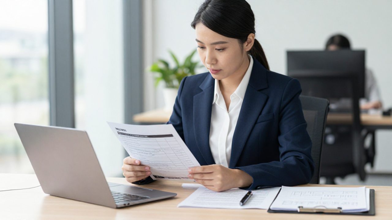Una auditora profesional revisa atentamente una lista de verificación y documentos técnicos en su escritorio de una oficina moderna.