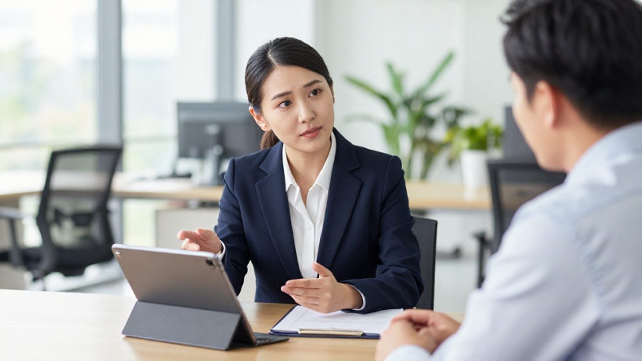 Una gerente de calidad y un empleado mantienen una conversación tranquila y profesional durante una entrevista de simulación en una oficina moderna.