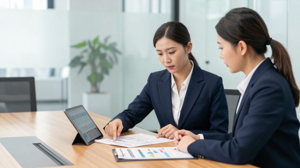 Una gerente de calidad y un auditor revisan diagramas de procesos y datos en una tablet durante una reunión en una oficina moderna.