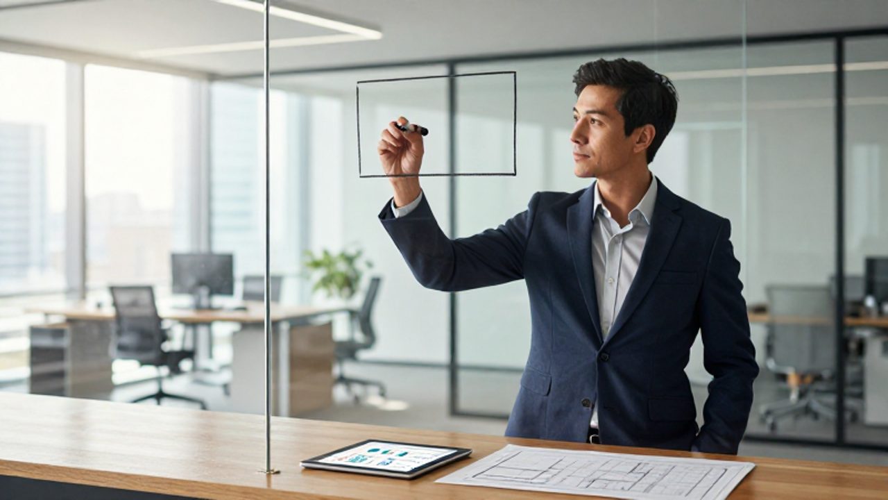 Un gestor de calidad dibuja límites estratégicos en un panel de cristal en una oficina moderna para representar la definición del alcance del sistema de gestión.