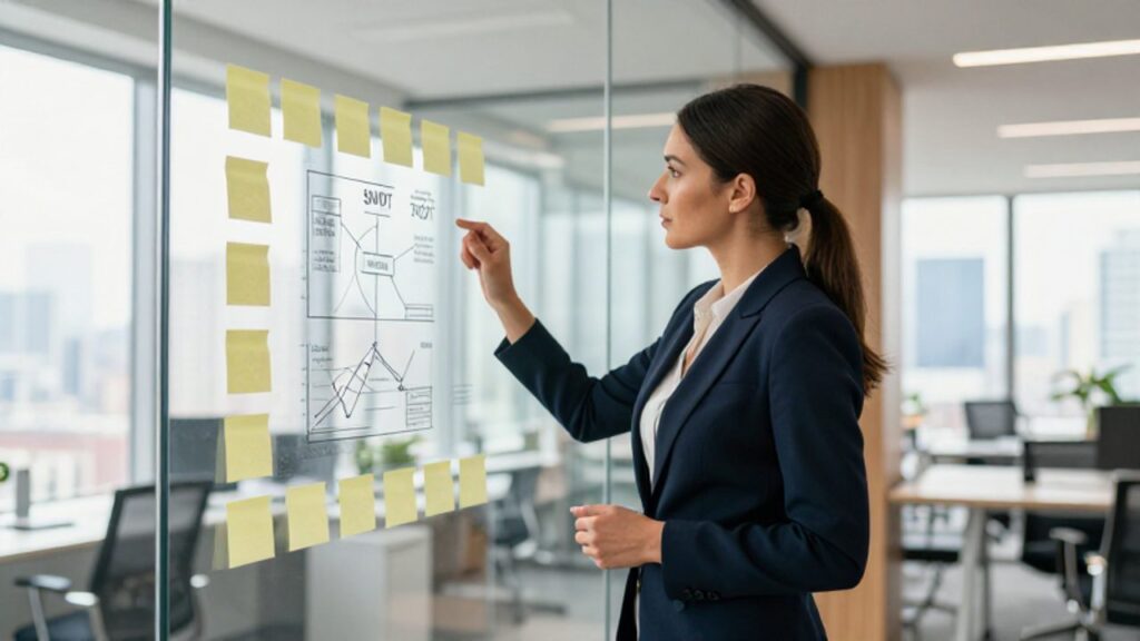 Una estratega analiza un diagrama de análisis DAFO en una pared de cristal dentro de una oficina moderna.