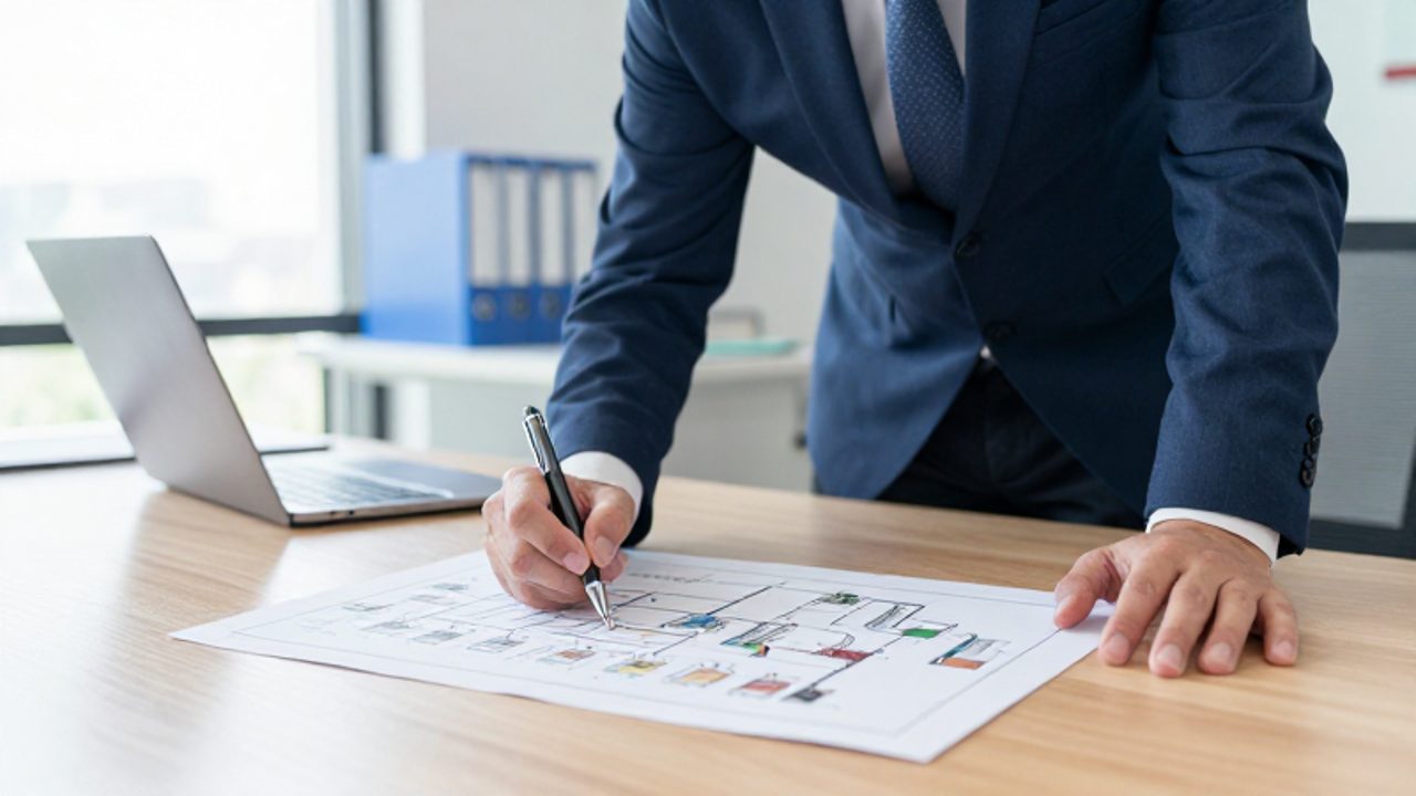 Un gestor de calidad analiza y anota un diagrama de flujo de procesos en un escritorio de oficina.