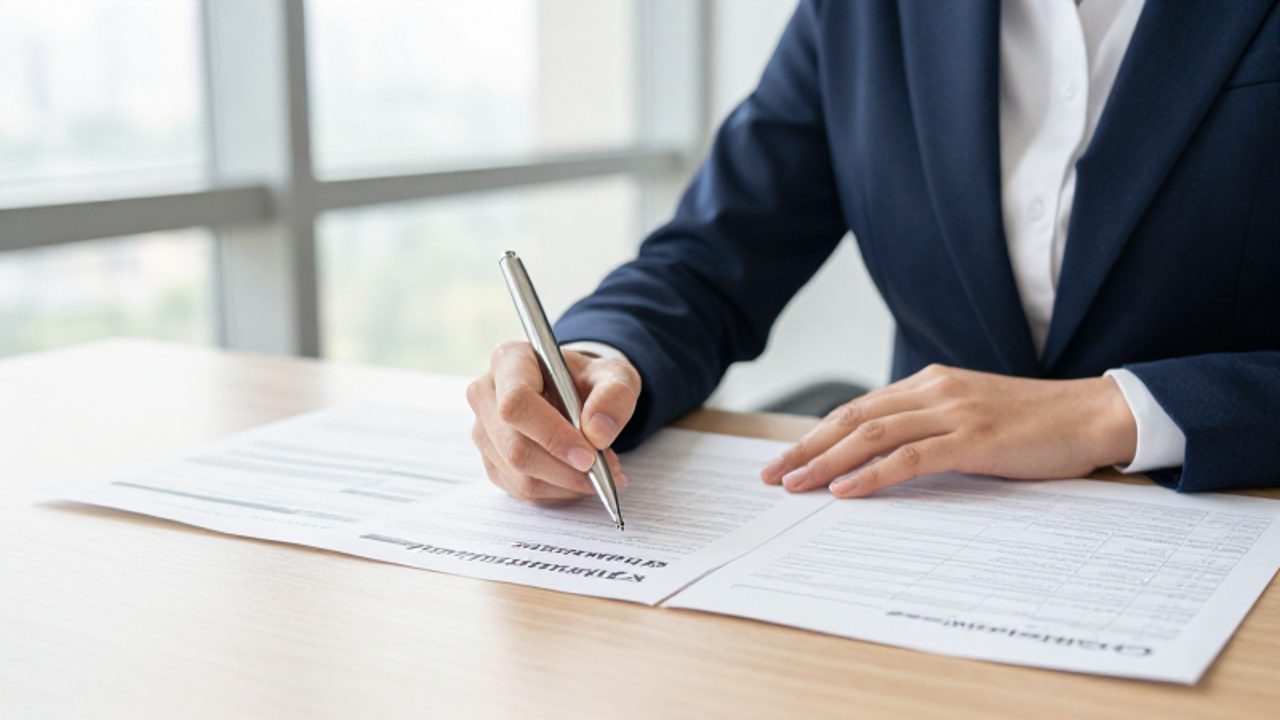 Un gestor de calidad revisa y anota informes técnicos y registros de acciones correctivas sobre un escritorio en una oficina luminosa.