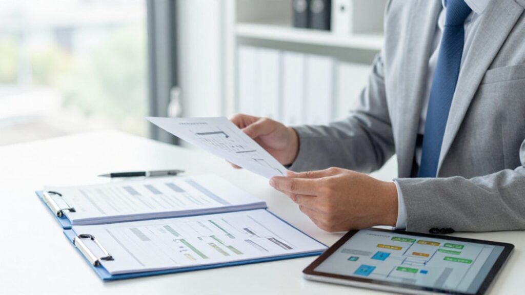 Un gestor de calidad revisa documentos técnicos y diagramas de procesos en una tablet sobre un escritorio organizado en una oficina moderna.