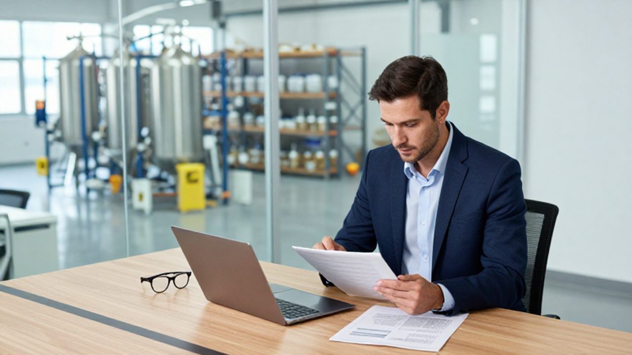 Un gestor de calidad revisa documentación técnica en una oficina moderna con un almacén de productos químicos organizado al fondo.