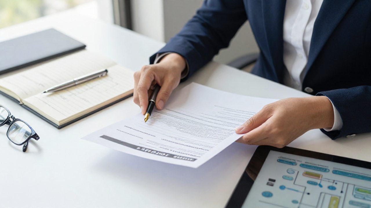 Un gestor de calidad revisa documentos técnicos y una copia impresa de la norma ISO 9001 sobre un escritorio de oficina organizado.