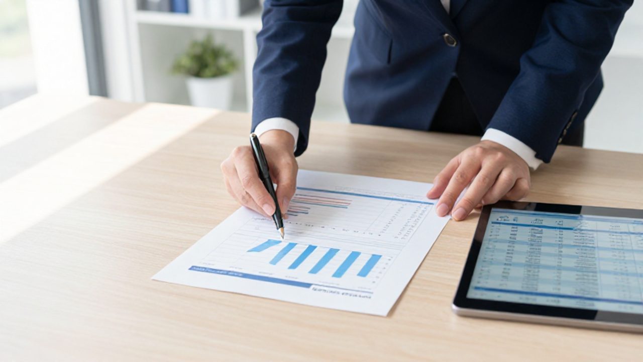 Manos de un auditor organizando informes impresos con gráficos y una tableta con una lista de verificación de cumplimiento en un escritorio de oficina.