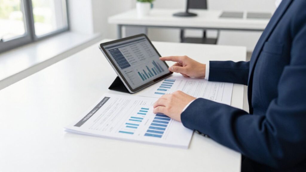 Un gestor de calidad revisa informes impresos con gráficos y una tableta digital con un panel de control sobre un escritorio de oficina.