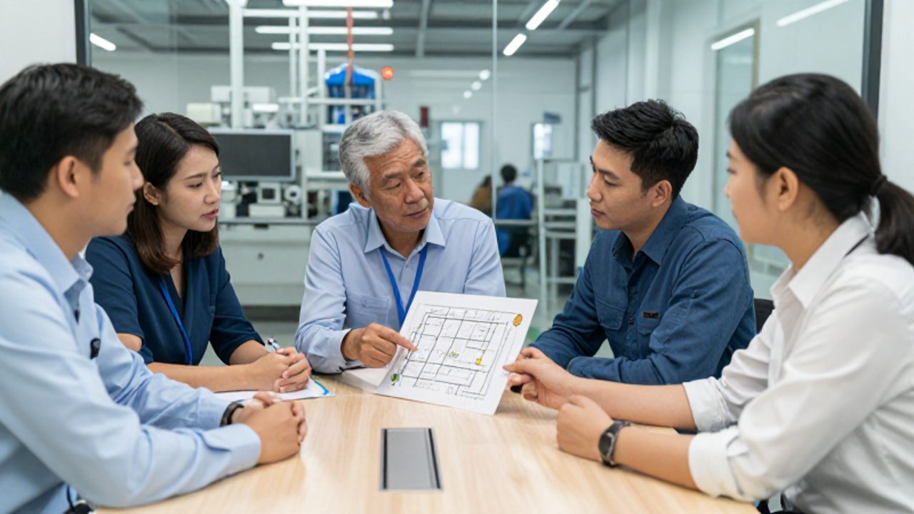 Grupo de ingenieros y técnicos industriales dialogan alrededor de una mesa de conferencias mientras analizan un diagrama de procesos en una planta de fabricación.