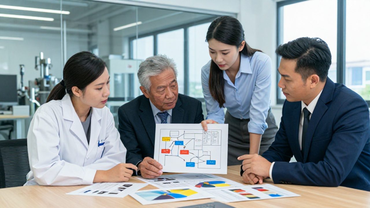 Tres especialistas analizan un diagrama de Ishikawa y gráficos de Pareto sobre una mesa de conferencias en una oficina industrial moderna.