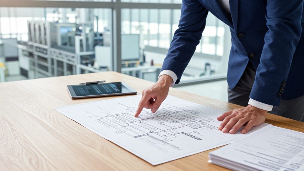 Gestor de calidad analiza un diagrama de flujo y planos sobre un escritorio en una oficina industrial conectada con la planta de fabricación.