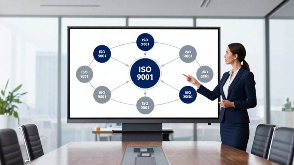 Una mujer presenta una infografía dinámica con diagramas de procesos sobre una pantalla digital en una sala de juntas moderna.