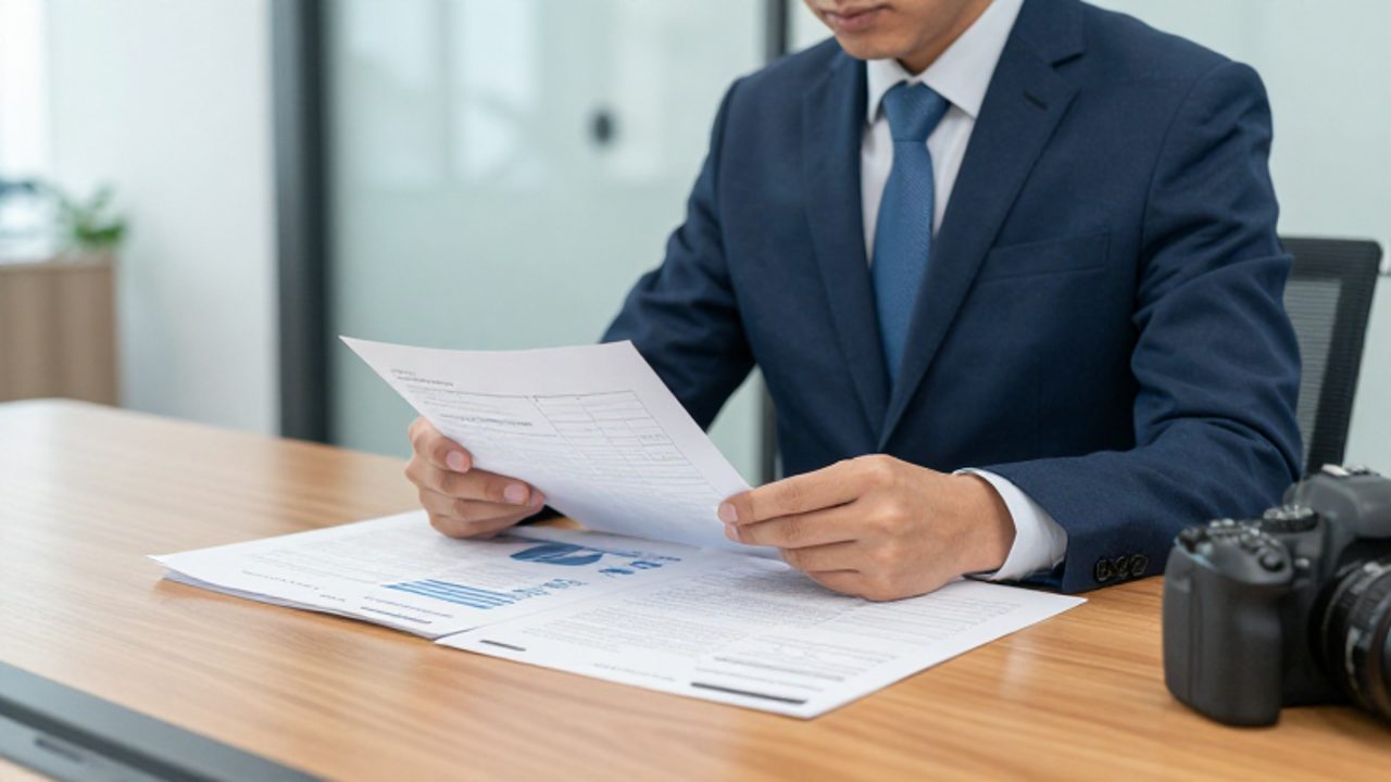 Un auditor revisa documentos técnicos y un informe de cumplimiento sobre la mesa de una sala de juntas moderna.