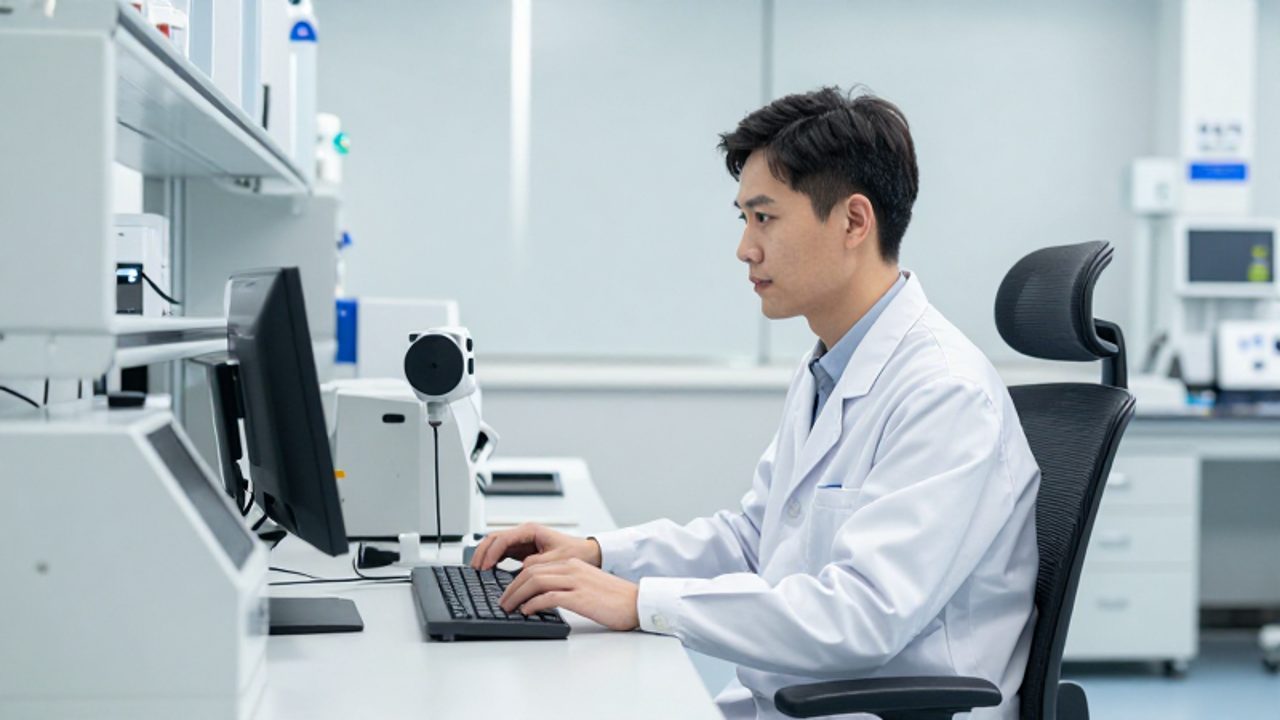 Especialista trabajando con postura correcta en una estación de trabajo ergonómica y organizada dentro de un laboratorio moderno.