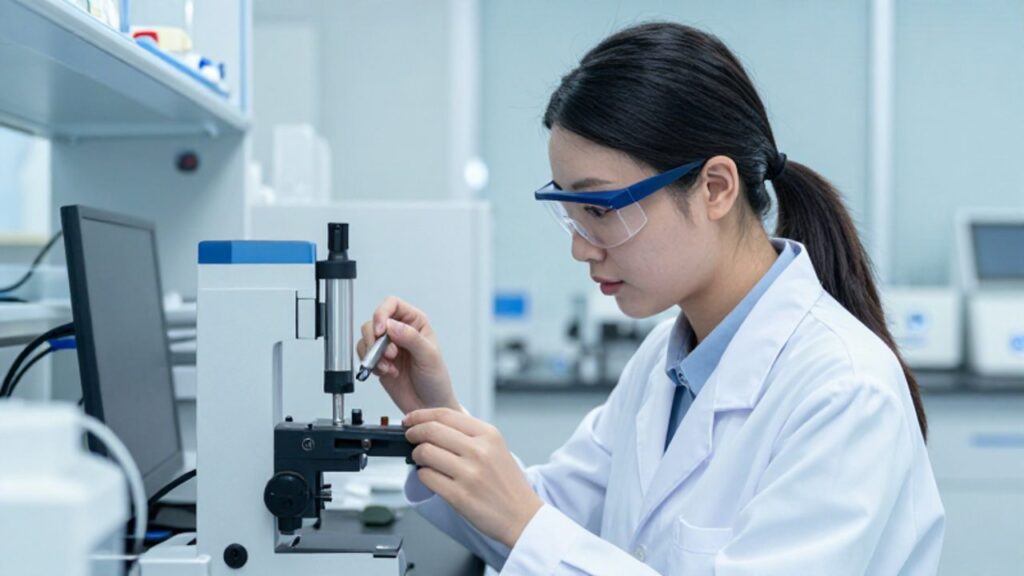 Una ingeniera con equipo de seguridad inspecciona una herramienta de precisión en un laboratorio moderno y controlado.