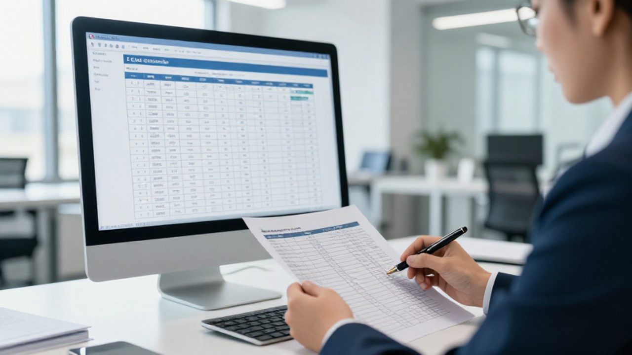 Un gestor de calidad revisa una matriz de cumplimiento en un monitor y documentos impresos en una oficina moderna.