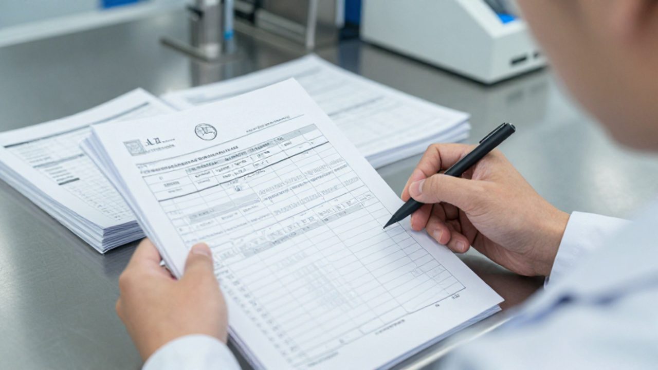 Un auditor revisa minuciosamente documentos técnicos y registros de laboratorio en un entorno industrial organizado para verificar la trazabilidad de los datos.