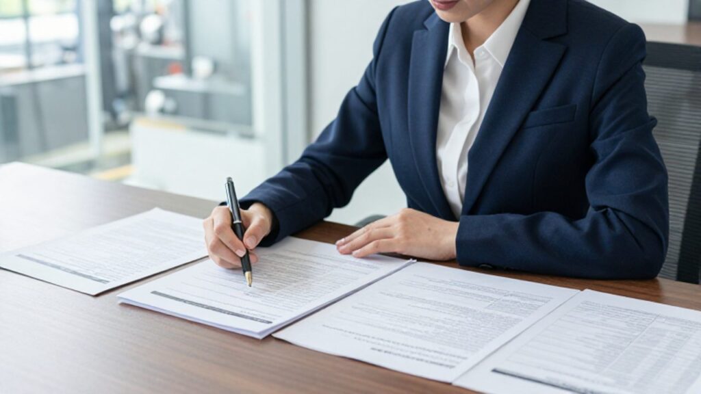 Una gestora de calidad revisa documentos regulatorios y listas de cumplimiento sobre un escritorio en una oficina moderna.