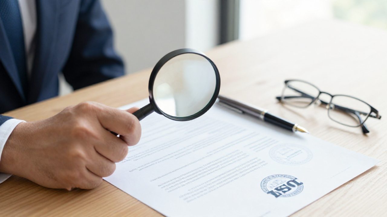 Una mano sostiene una lupa sobre un certificado ISO 9001 para inspeccionar el sello oficial de la entidad certificadora en un escritorio de oficina.