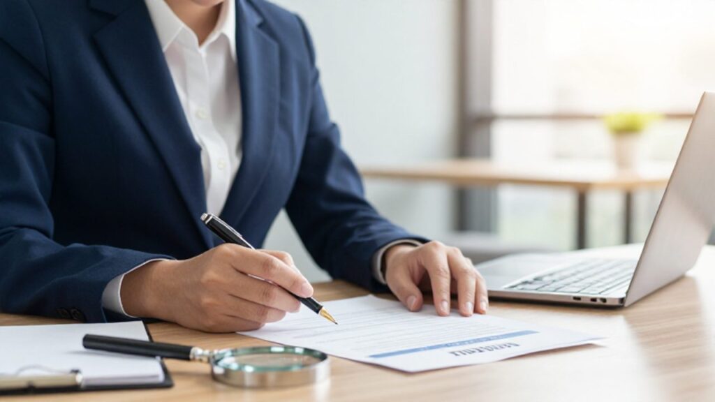 Un gestor de calidad analiza con atención un certificado ISO 9001 sobre un escritorio en una oficina moderna.