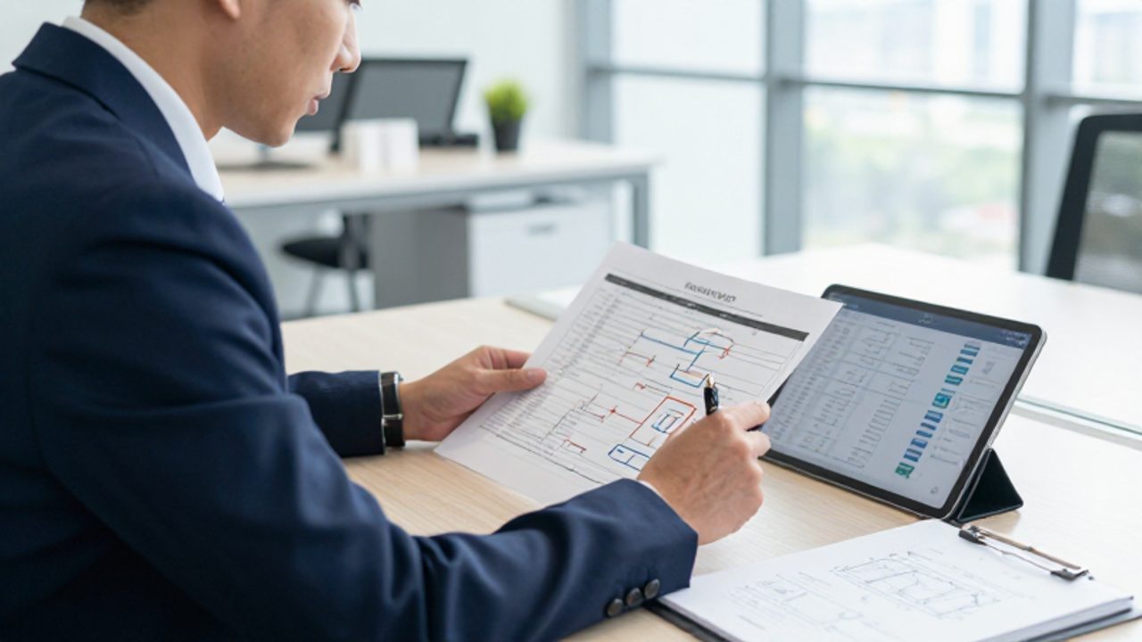 Un gestor de calidad analiza de forma concentrada diagramas de procesos y documentación de evaluación de riesgos en una oficina moderna.